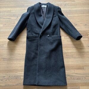 Christian Dior Vintage Wool Coat Charcoal Grey Shawl Collar Longline Size 6 USA